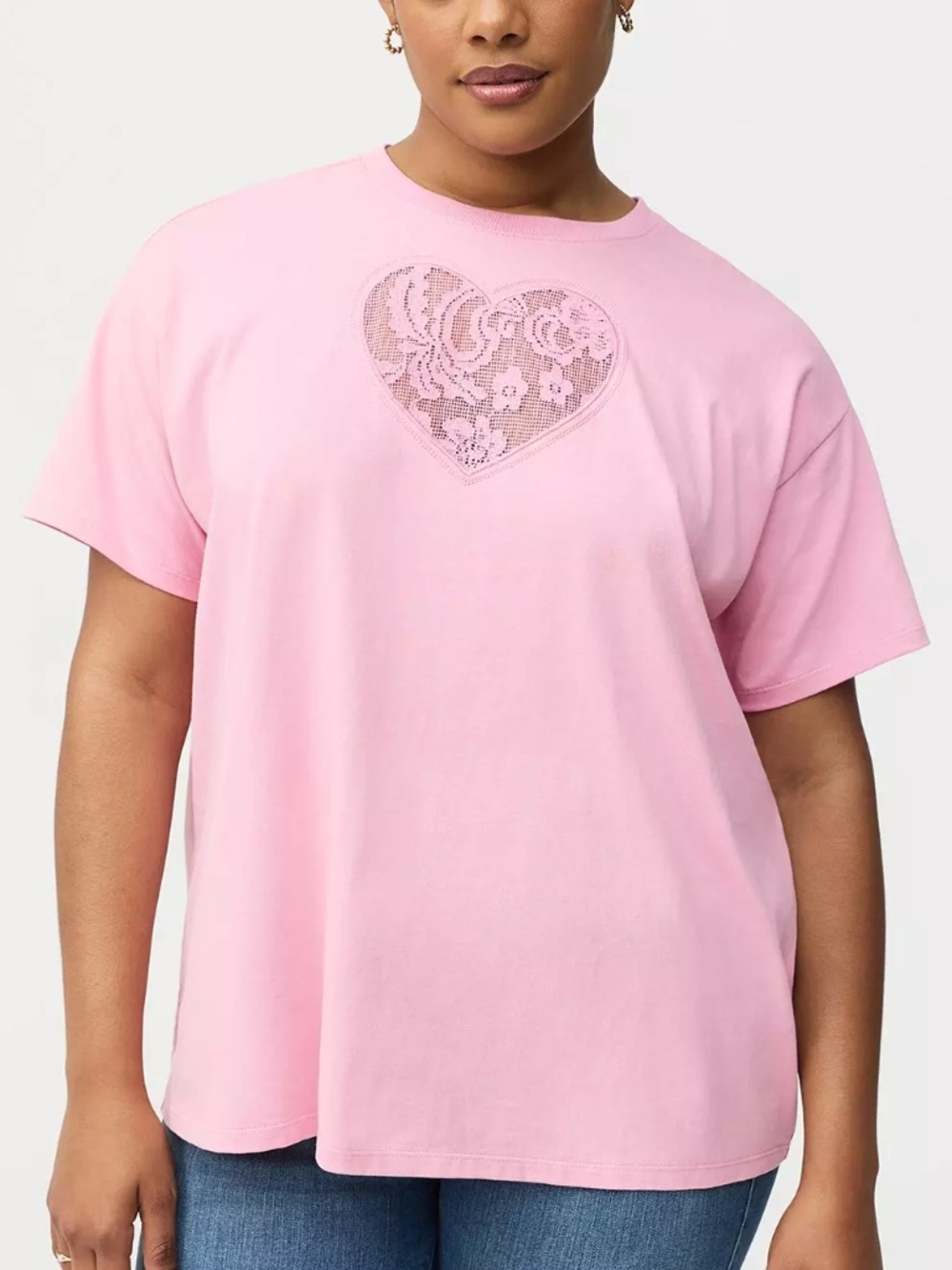 Torrid Tee 1X Pink Heart Lace Cutout Cotton Relaxed Fit Plus Size T-Shirt Top